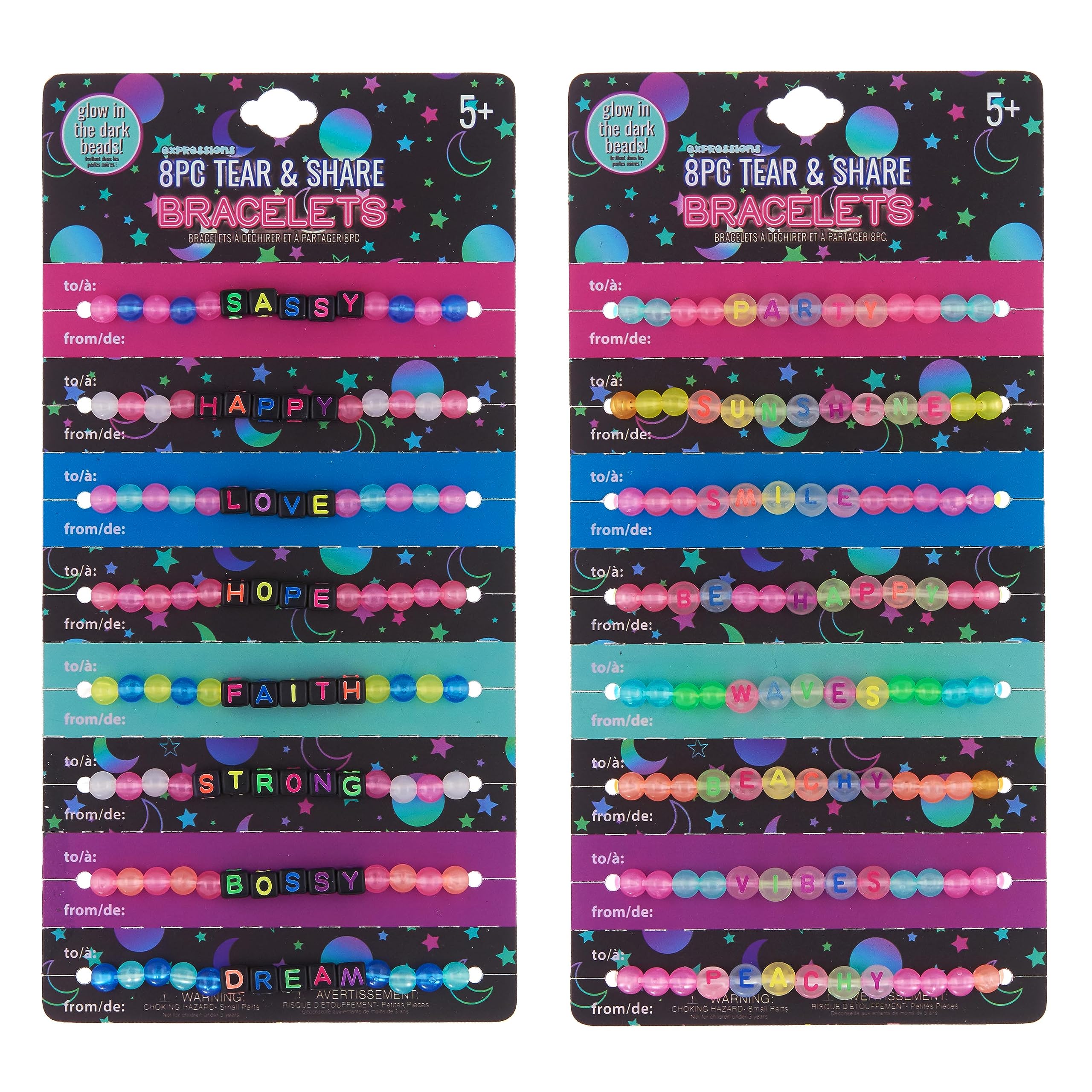 EXPRESSIONS 16pc Glow in the Dark Tear & Share Bracelets – Colorful Letter Beaded Friendship Jewelry for Kids & Teens