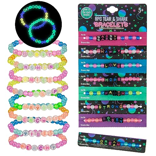EXPRESSIONS 16pc Glow in the Dark Tear & Share Bracelets – Colorful Letter Beaded Friendship Jewelry for Kids & Teens