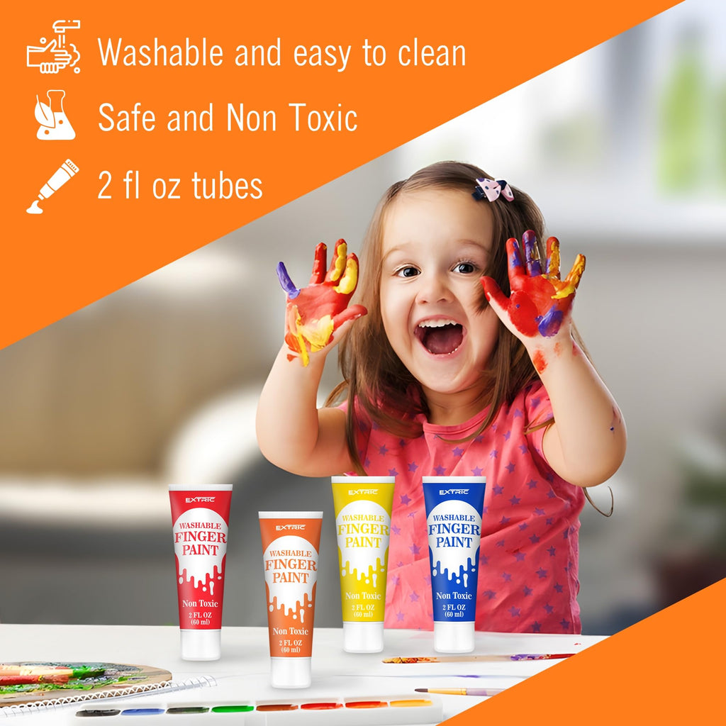 EXTRIC Washable Finger Paint for Toddlers – 12 Non-Toxic Colors, 2 fl oz Tubes, Ages 1-8