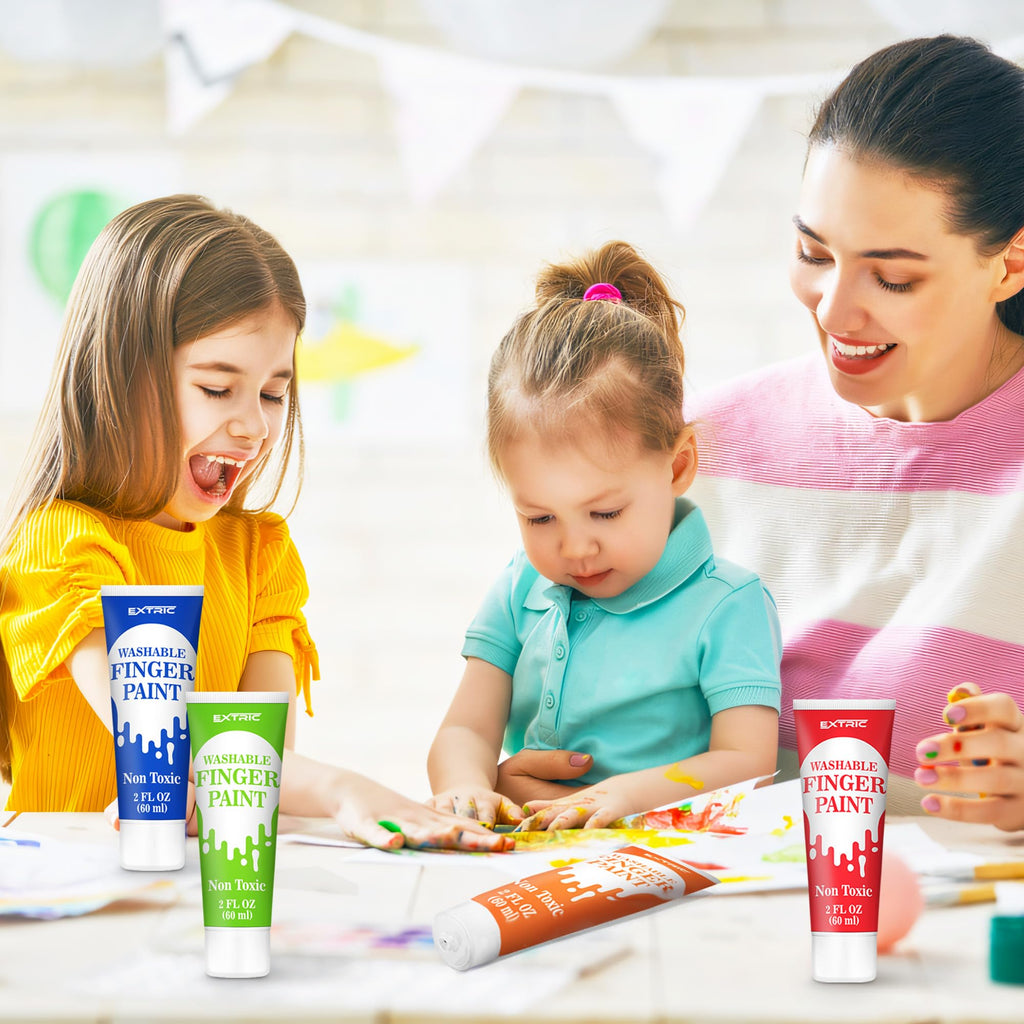 EXTRIC Washable Finger Paint for Toddlers – 12 Non-Toxic Colors, 2 fl oz Tubes, Ages 1-8