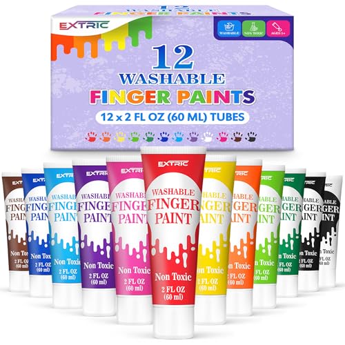 EXTRIC Washable Finger Paint for Toddlers – 12 Non-Toxic Colors, 2 fl oz Tubes, Ages 1-8
