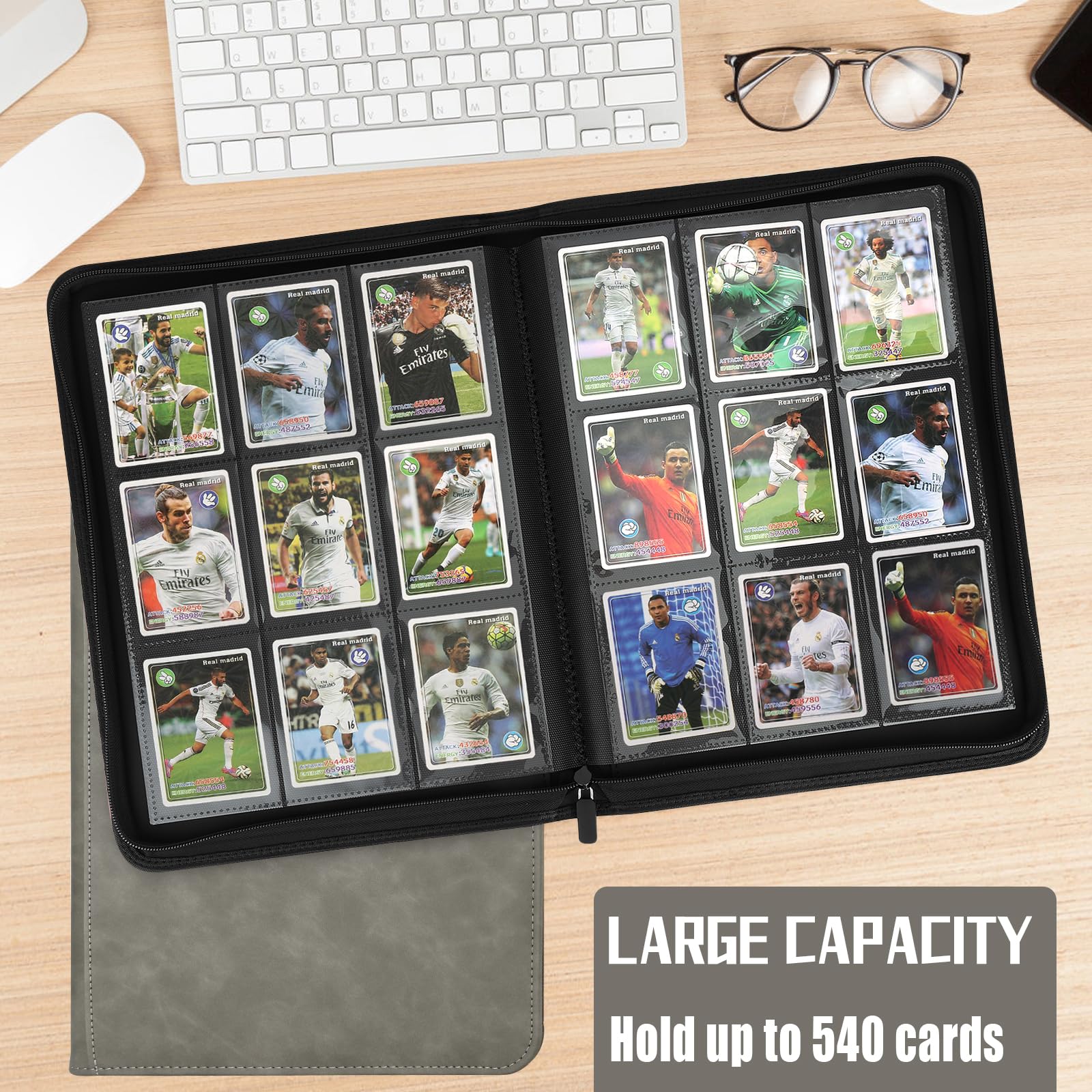 EYEGLEAM 540-Pocket Trading Card Binder – Grey PU Leather Album for MTG, TCG, Sports Cards