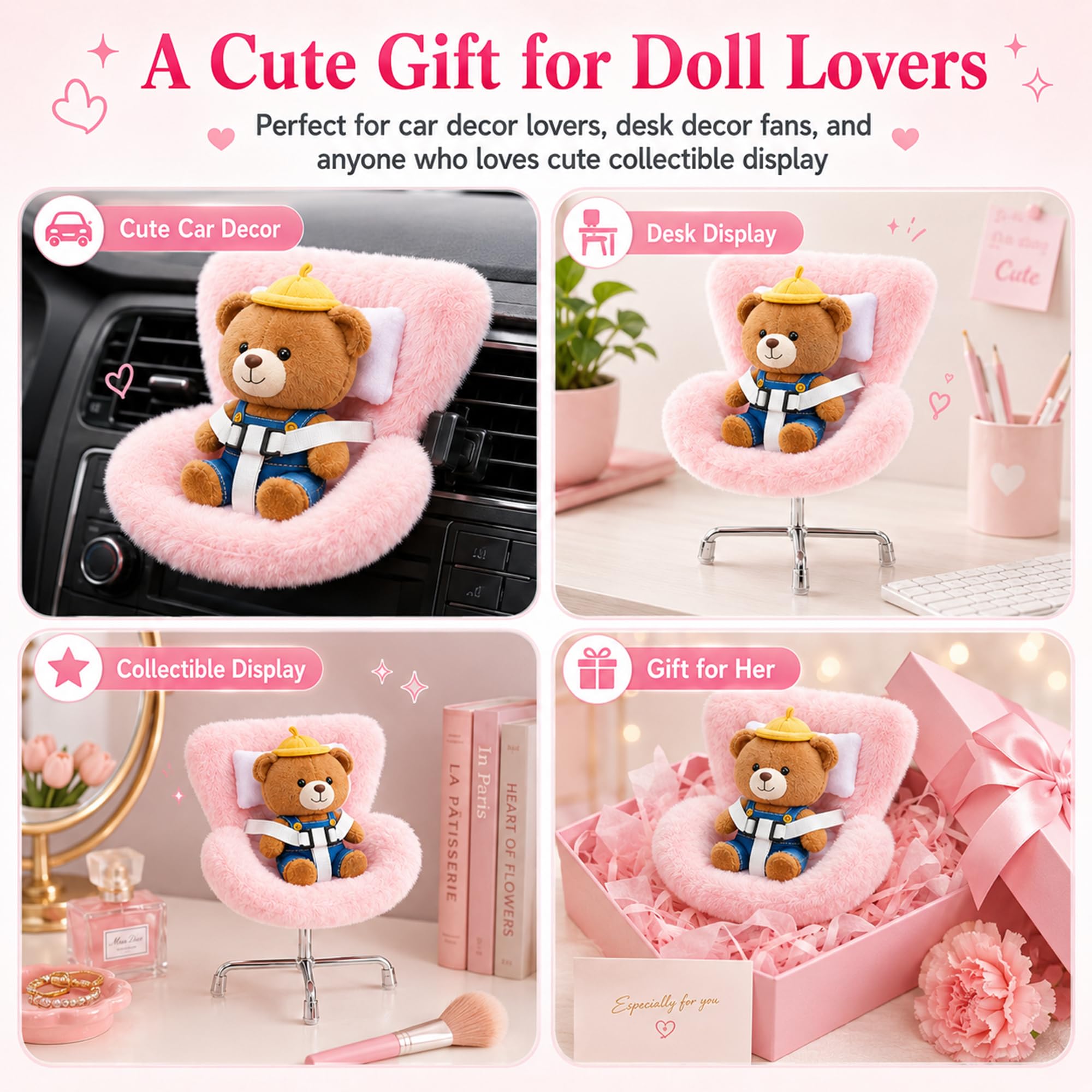 Ezcora Doll Car Seat for 10-17 cm Dolls – Clip-On Car Vent Mount, Includes Desk Display Leg, Green