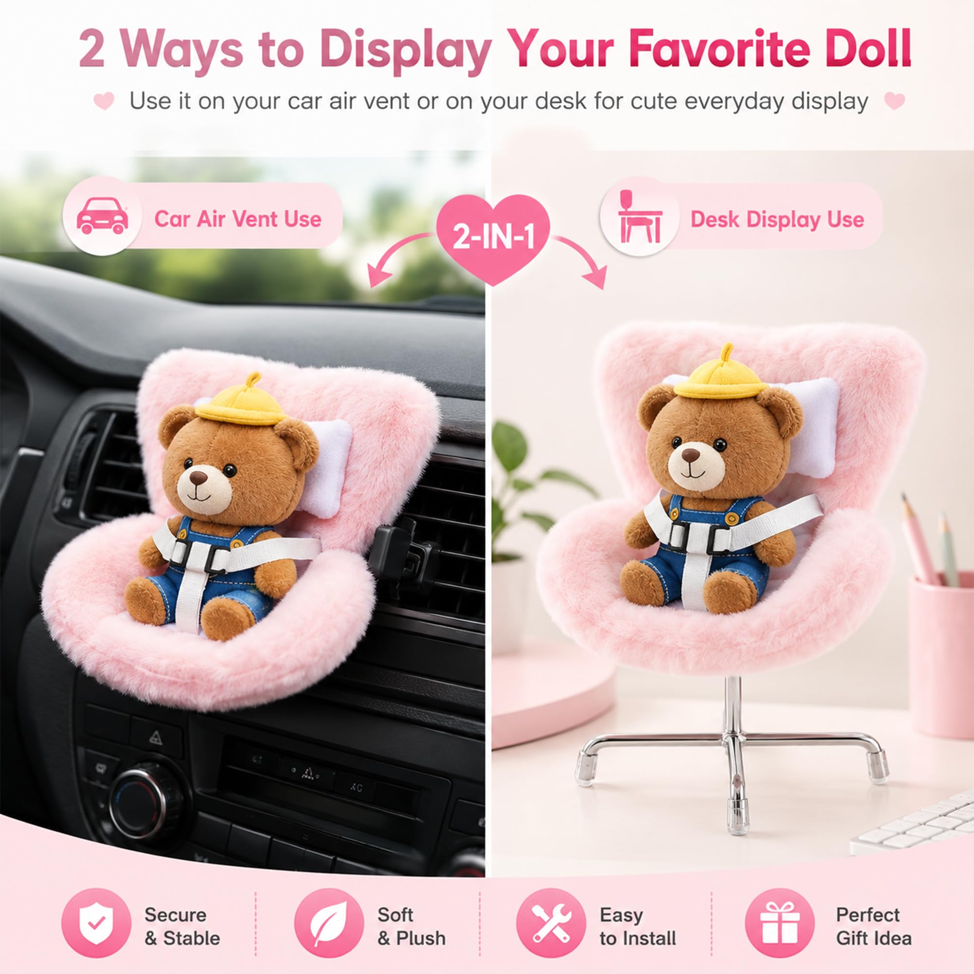Ezcora Doll Car Seat for 10-17 cm Dolls – Purple Vent Clip with Safety Strap and Desktop Leg