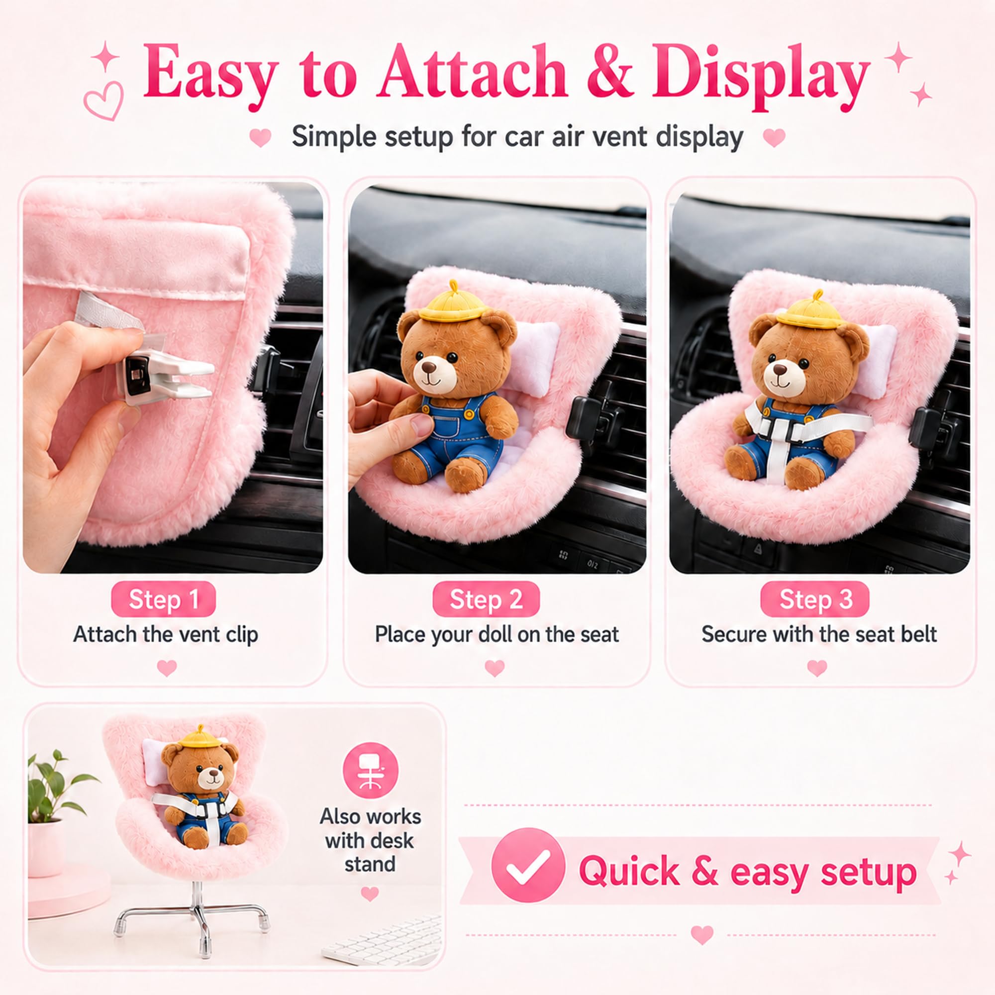 Ezcora Doll Car Seat for 10-17 cm Dolls – Purple Vent Clip with Safety Strap and Desktop Leg