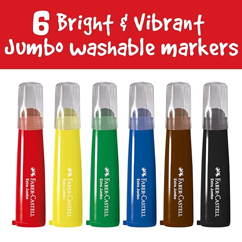 Faber-Castell Little Creatives 6-Count Extra Jumbo Washable Markers – Non-Toxic, Crush-Proof Tips for Toddlers Ages 3+