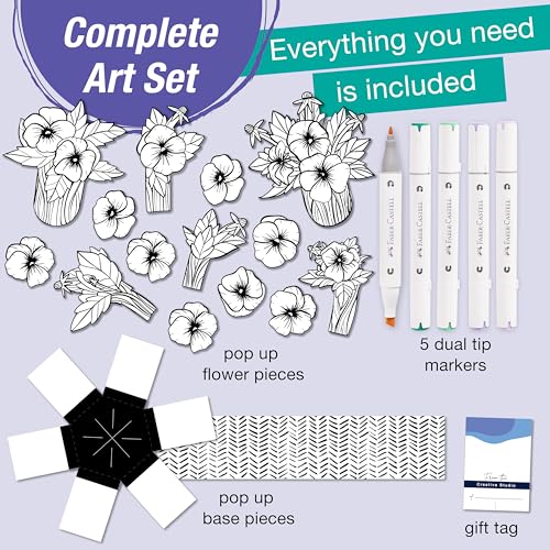 Faber-Castell Pop Up Coloring Bouquet: Pansy – 3D Adult Coloring Craft Kit with 5 Markers