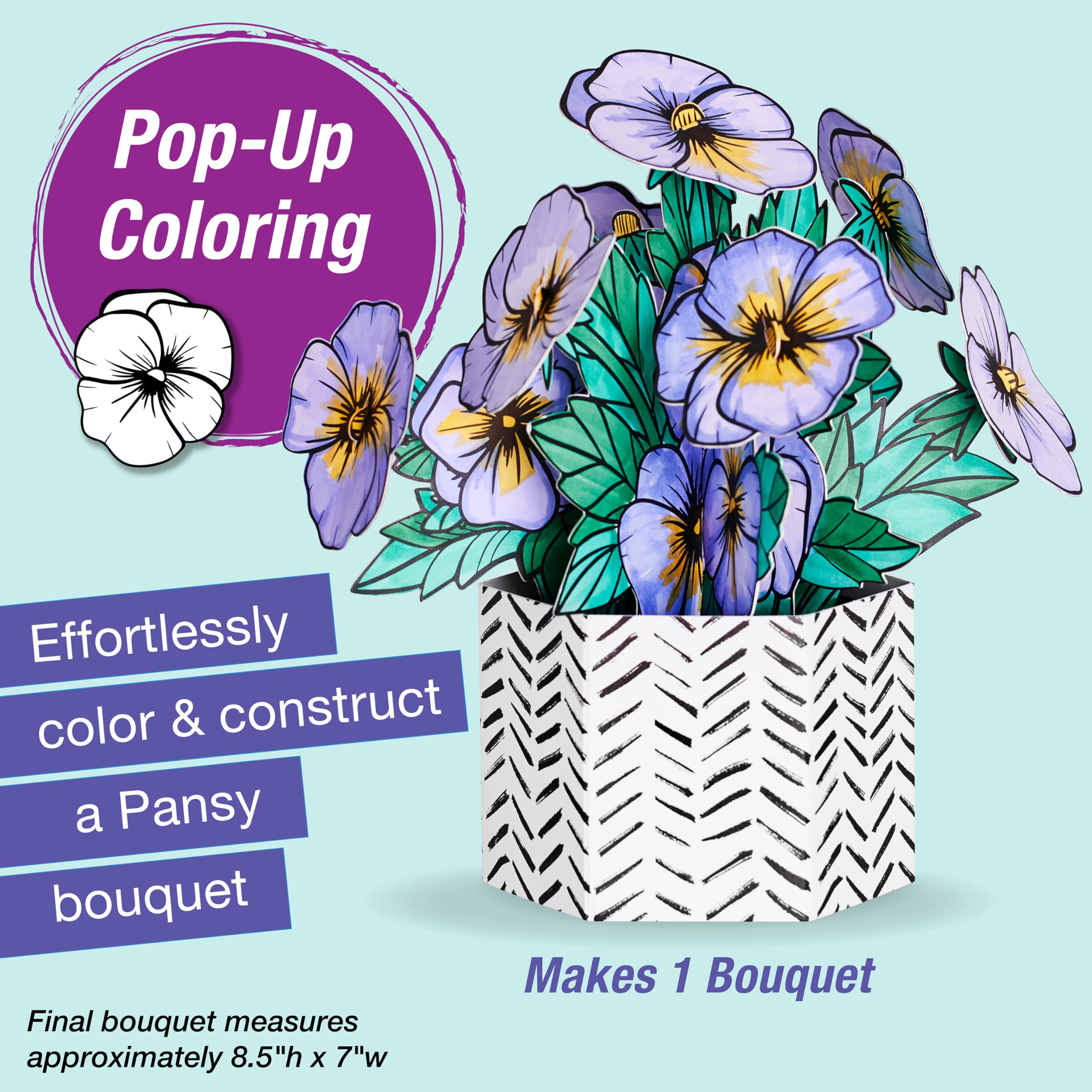 Faber-Castell Pop Up Coloring Bouquet: Pansy – 3D Adult Coloring Craft Kit with 5 Markers