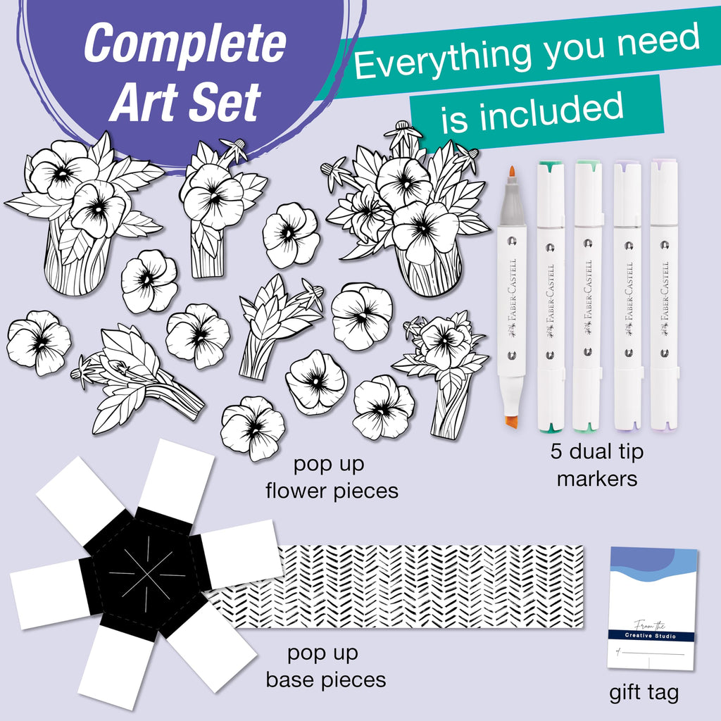 Faber-Castell Pop Up Coloring Bouquet: Pansy – 3D Adult Coloring Craft Kit with 5 Markers