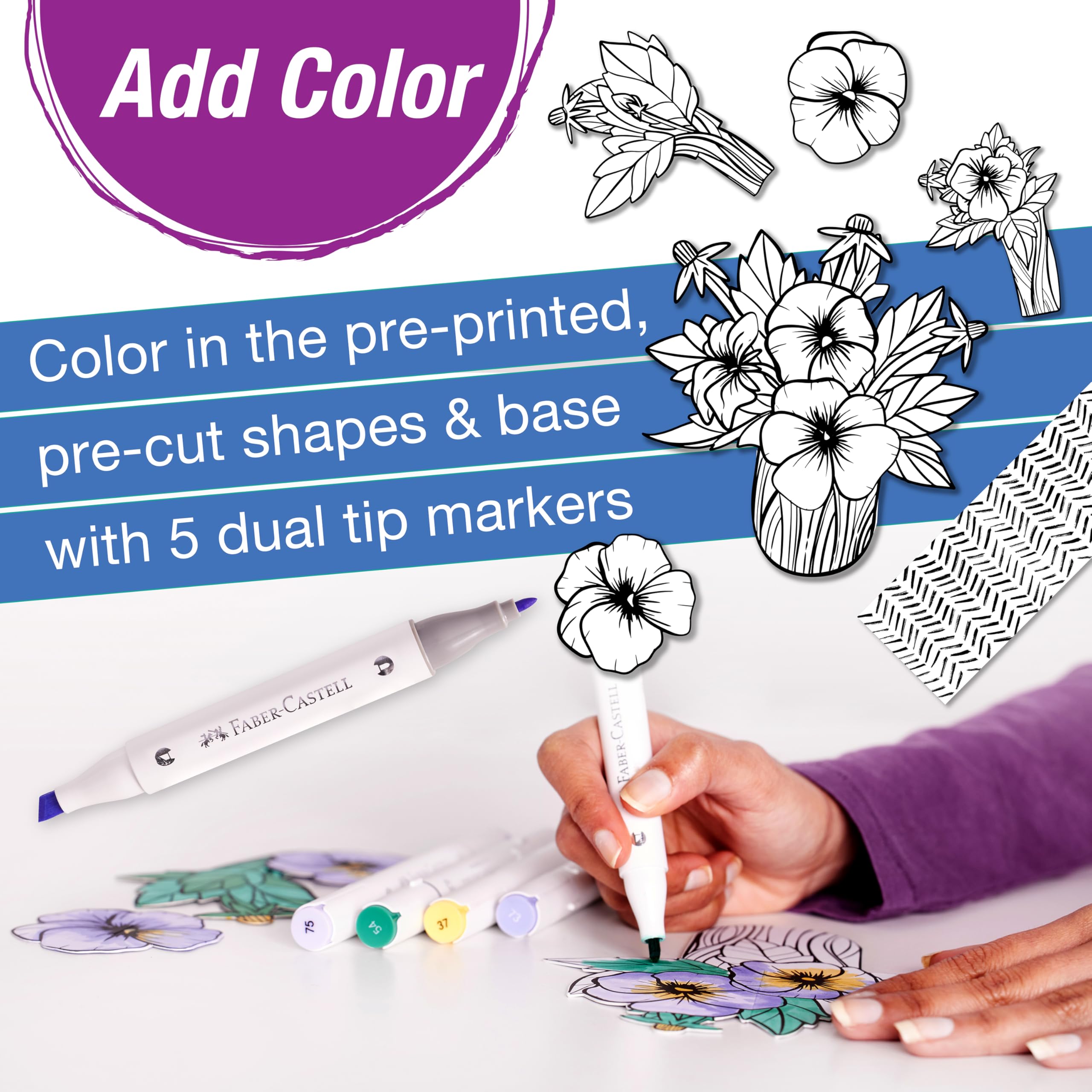 Faber-Castell Pop Up Coloring Bouquet: Pansy – 3D Adult Coloring Craft Kit with 5 Markers