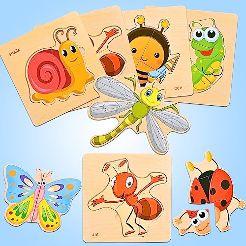Faburo Wooden Puzzles for Toddlers 1-3 – 8 Insect Animal Shapes, Montessori Educational Toy