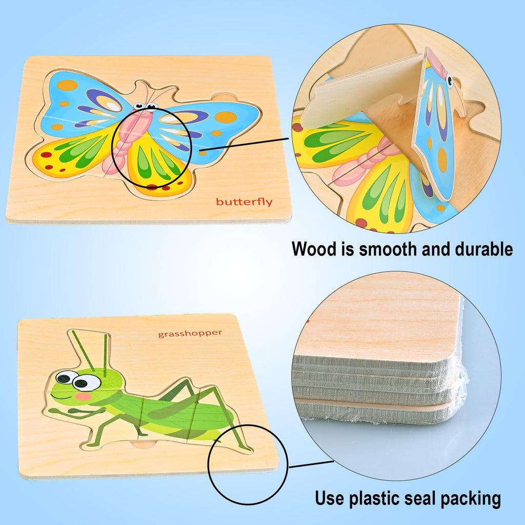 Faburo Wooden Puzzles for Toddlers 1-3 – 8 Insect Animal Shapes, Montessori Educational Toy