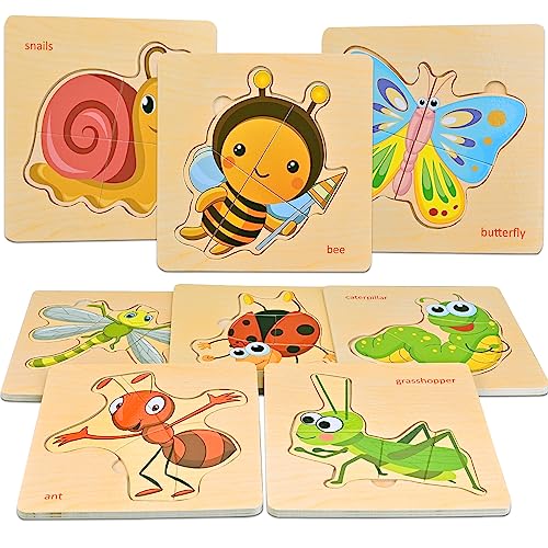 Faburo Wooden Puzzles for Toddlers 1-3 – 8 Insect Animal Shapes, Montessori Educational Toy