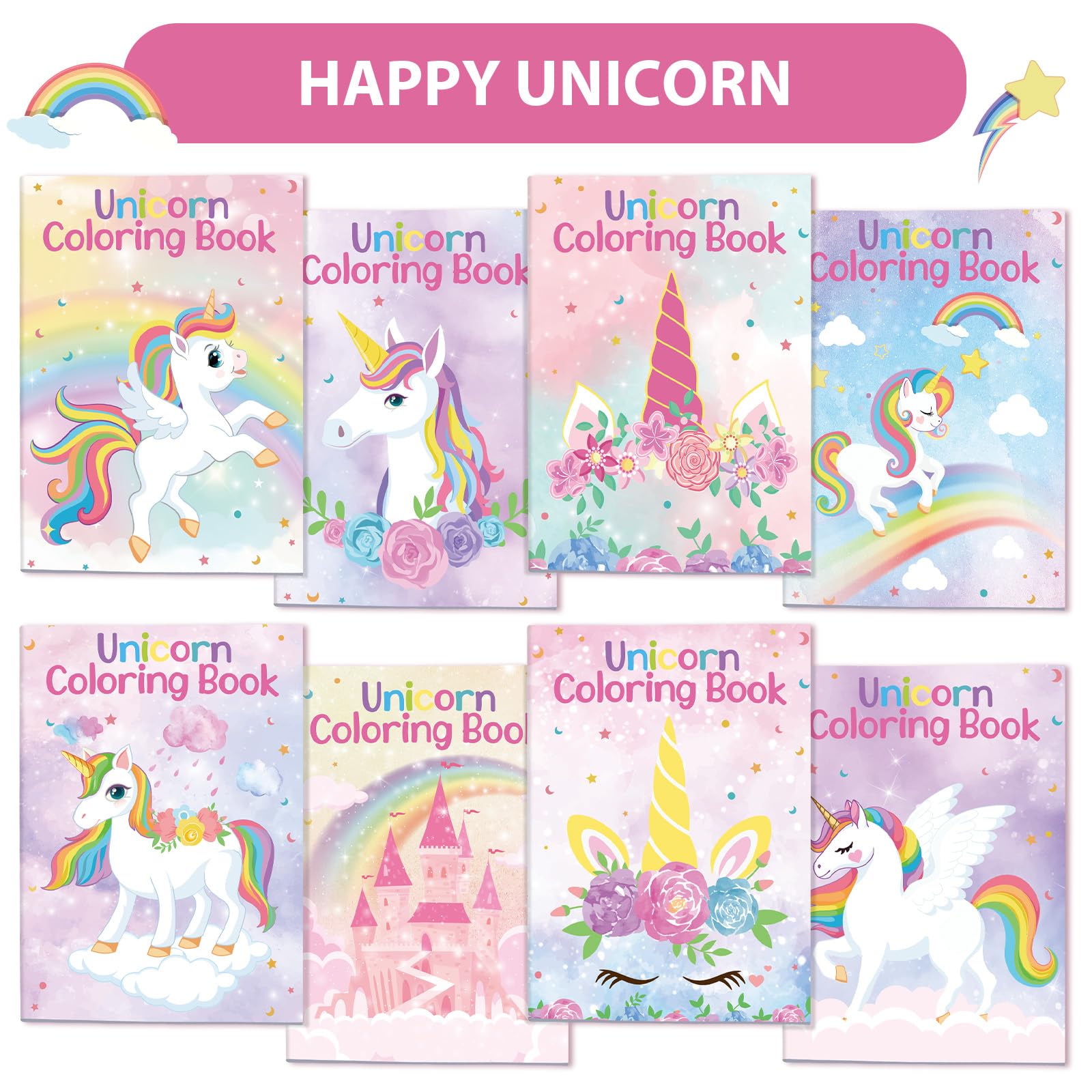 Faccito 24-Pack Mini Unicorn Coloring Books for Kids Party Favors, Toddler Activity Set – 8 Designs, 12 Pages Each