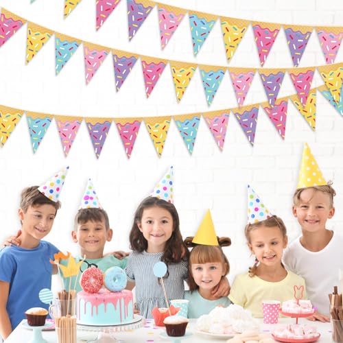Faccito 5-Piece Donut Ice Cream Paper Pennant Banners - 9.84ft Each, Pre-Assembled Triangle Flags for Party Decorations