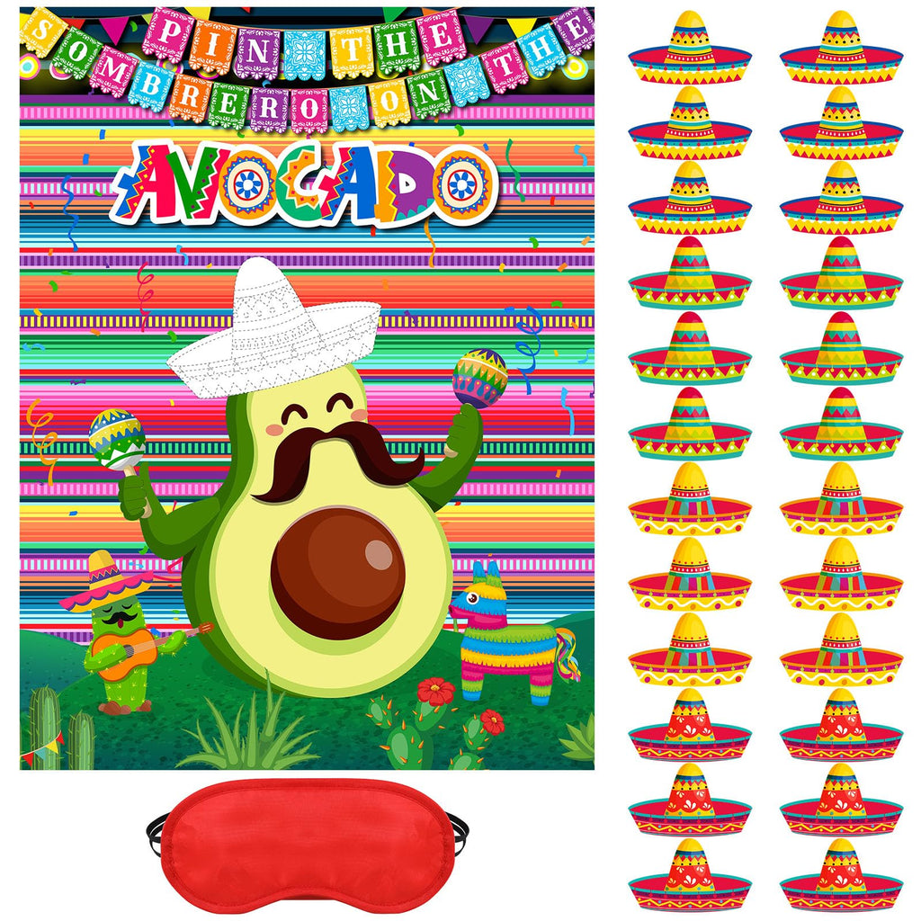 Faccito Avocado Pin the Sombrero Game Kit - Mexican Fiesta Party Supplies with 24 Stickers, Blindfold, and 21x28 Inch Poster for Cinco de Mayo and Birthday Parties