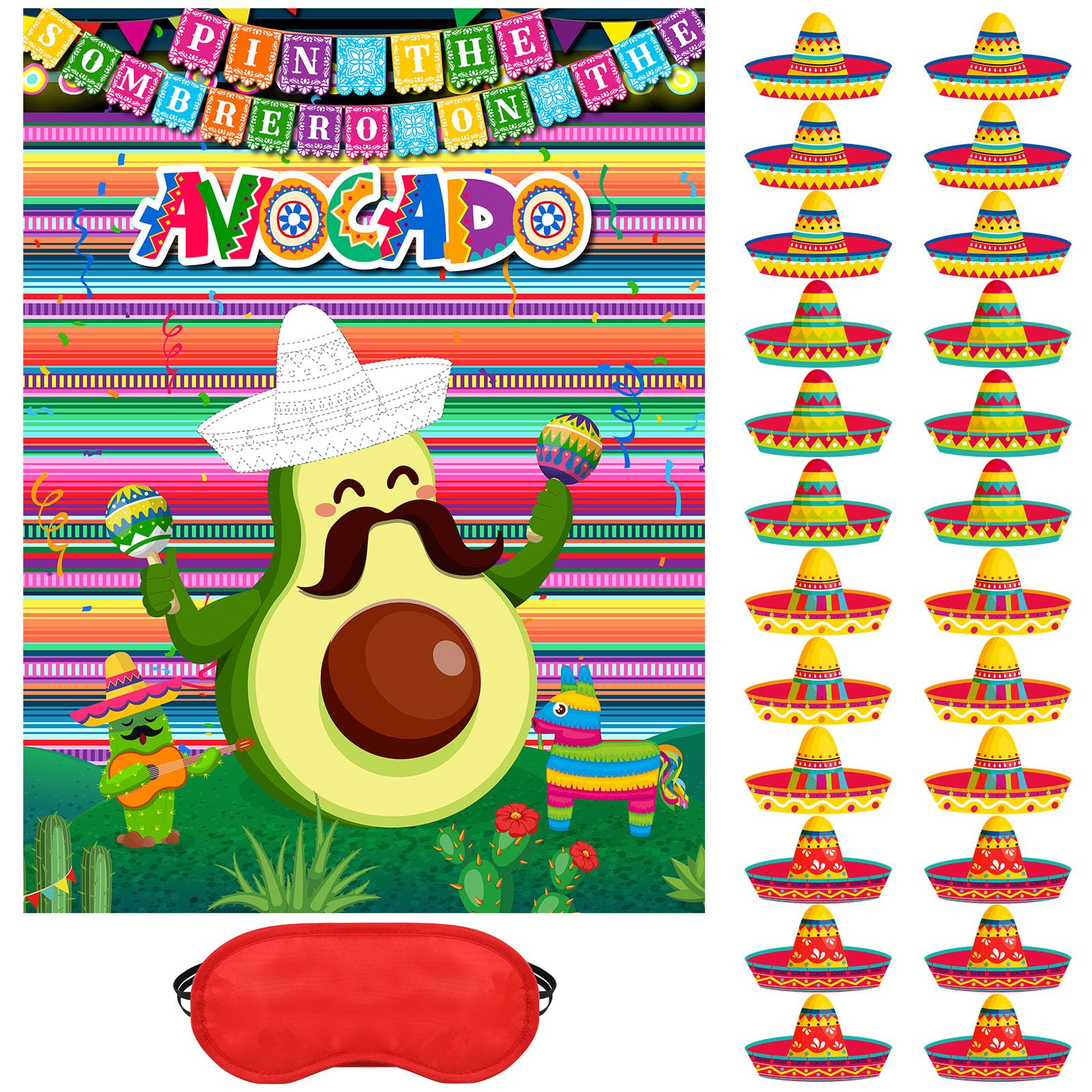 Faccito Avocado Pin the Sombrero Game Kit - Mexican Fiesta Party Supplies with 24 Stickers, Blindfold, and 21x28 Inch Poster for Cinco de Mayo and Birthday Parties