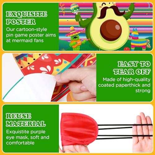 Faccito Avocado Pin the Sombrero Game Kit - Mexican Fiesta Party Supplies with 24 Stickers, Blindfold, and 21x28 Inch Poster for Cinco de Mayo and Birthday Parties