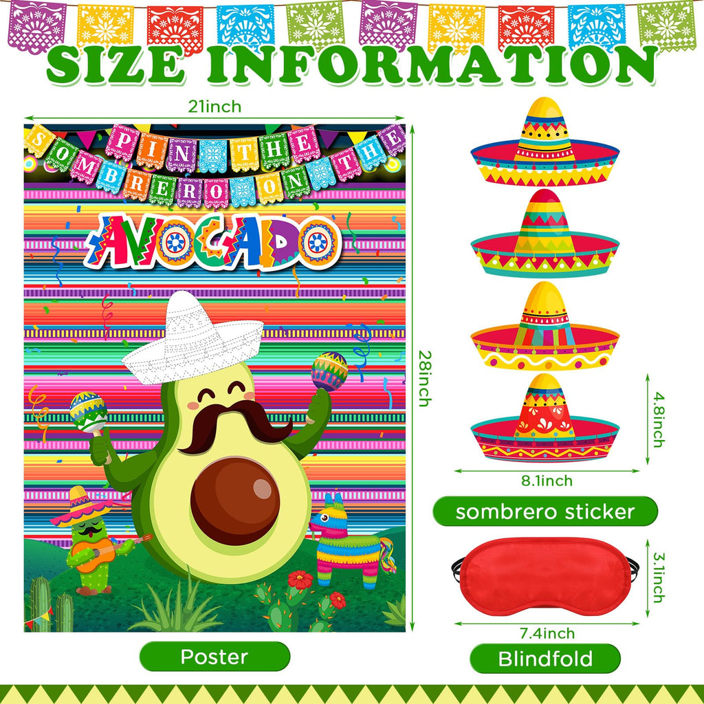 Faccito Avocado Pin the Sombrero Game Kit - Mexican Fiesta Party Supplies with 24 Stickers, Blindfold, and 21x28 Inch Poster for Cinco de Mayo and Birthday Parties