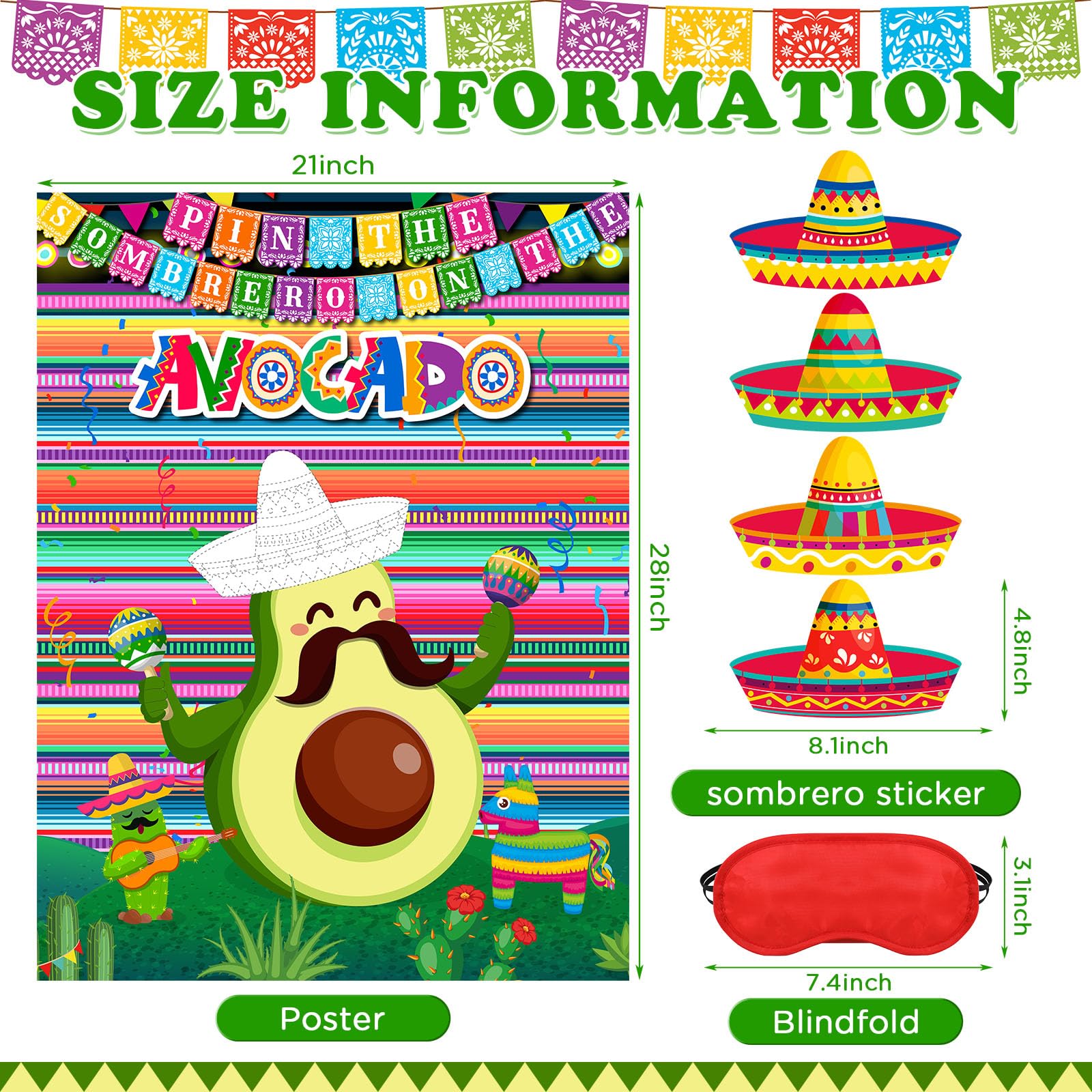 Faccito Avocado Pin the Sombrero Game Kit - Mexican Fiesta Party Supplies with 24 Stickers, Blindfold, and 21x28 Inch Poster for Cinco de Mayo and Birthday Parties