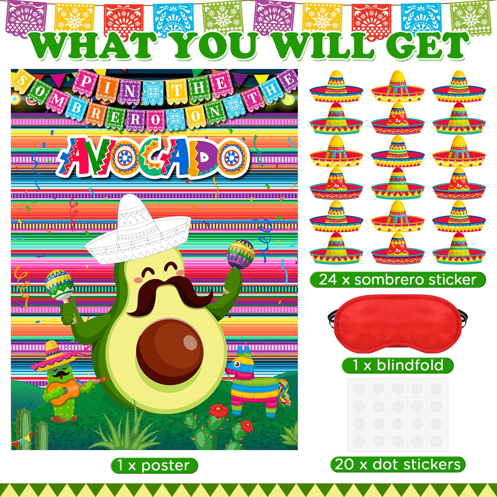 Faccito Avocado Pin the Sombrero Game Kit - Mexican Fiesta Party Supplies with 24 Stickers, Blindfold, and 21x28 Inch Poster for Cinco de Mayo and Birthday Parties