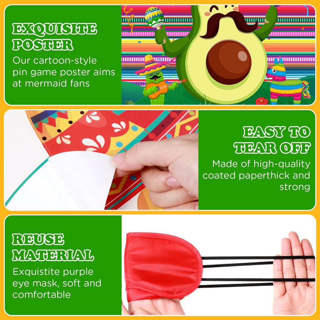 Faccito Avocado Pin the Sombrero Game Kit - Mexican Fiesta Party Supplies with 24 Stickers, Blindfold, and 21x28 Inch Poster for Cinco de Mayo and Birthday Parties