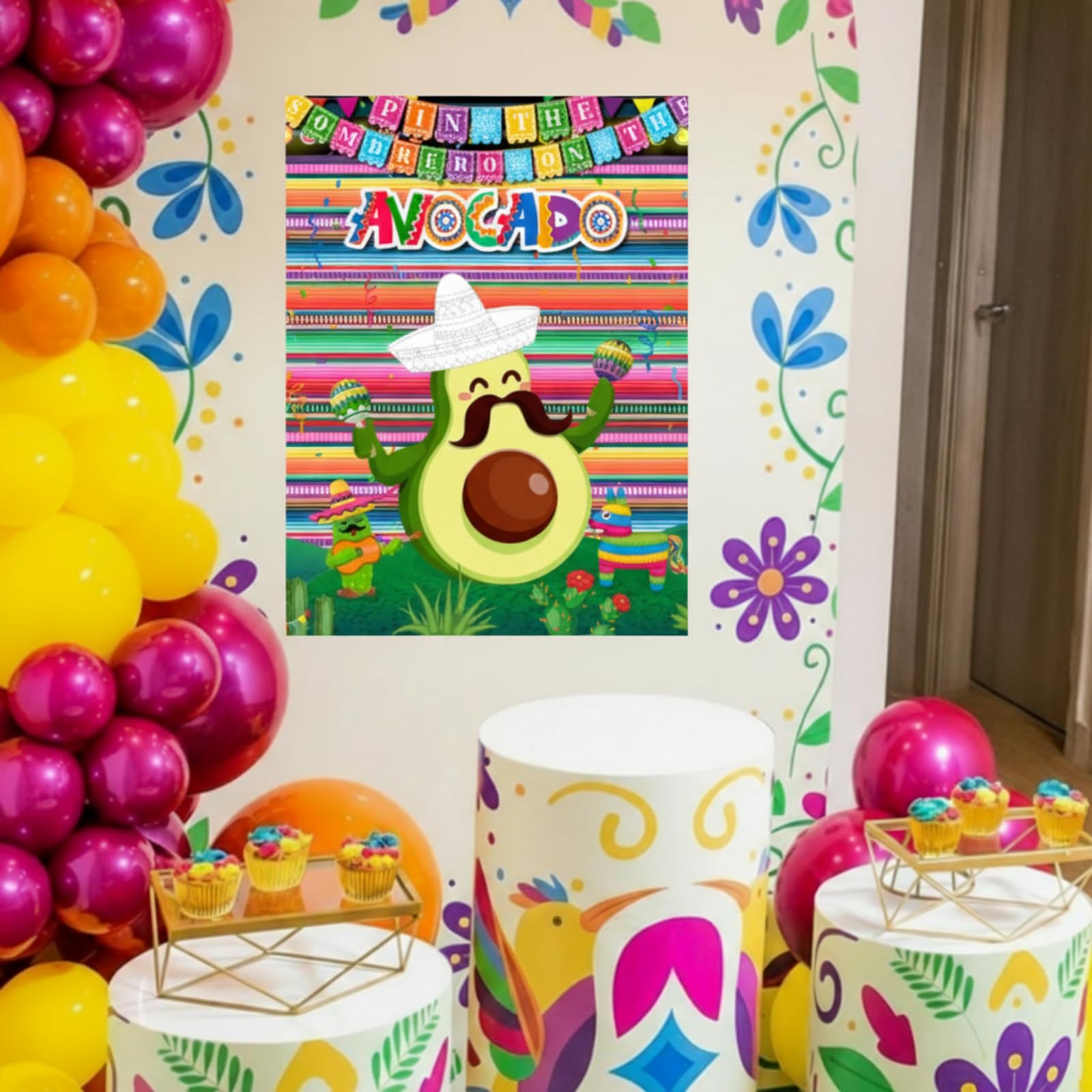 Faccito Avocado Pin the Sombrero Game Kit - Mexican Fiesta Party Supplies with 24 Stickers, Blindfold, and 21x28 Inch Poster for Cinco de Mayo and Birthday Parties