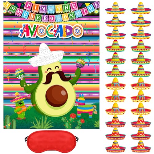 Faccito Avocado Pin the Sombrero Game Kit - Mexican Fiesta Party Supplies with 24 Stickers, Blindfold, and 21x28 Inch Poster for Cinco de Mayo and Birthday Parties