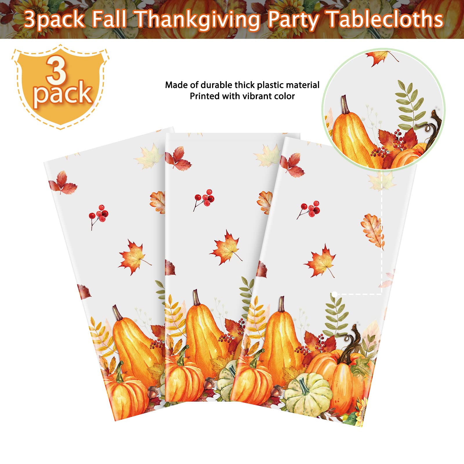 Fall Pumpkin Tablecloth 3-Pack | Plastic Vintage Thanksgiving Decor 54x108 Inches