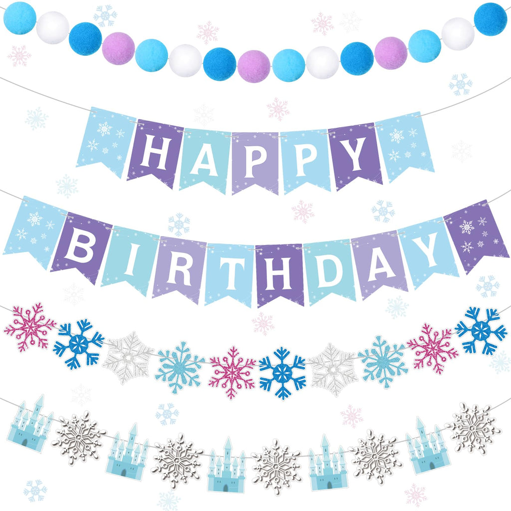 Fanfanwin 5-Piece Winter Snowflake Birthday Party Banner Set with Felt Garland – Blue and White