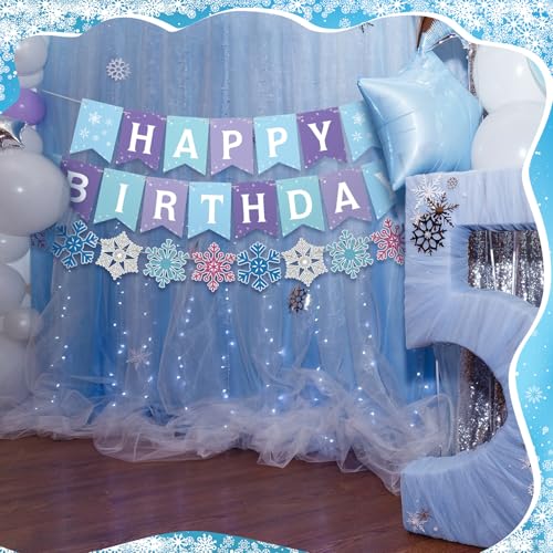 Fanfanwin 5-Piece Winter Snowflake Birthday Party Banner Set with Felt Garland – Blue and White