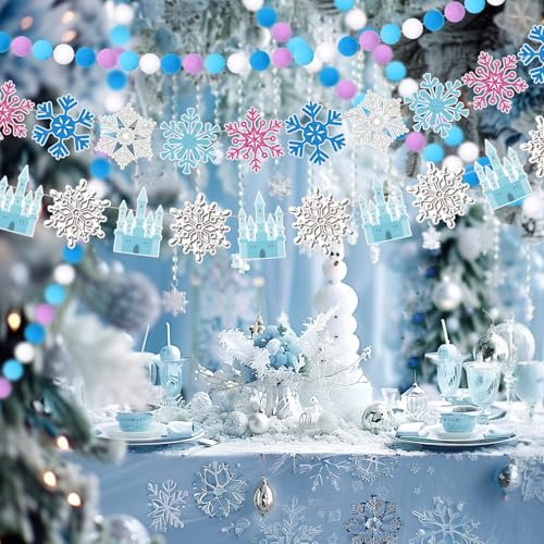 Fanfanwin 5-Piece Winter Snowflake Birthday Party Banner Set with Felt Garland – Blue and White