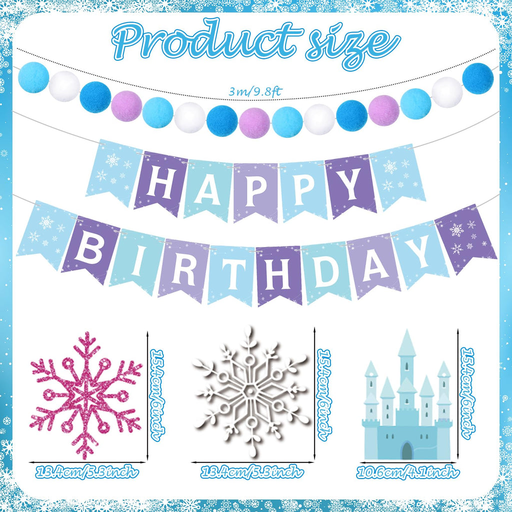 Fanfanwin 5-Piece Winter Snowflake Birthday Party Banner Set with Felt Garland – Blue and White