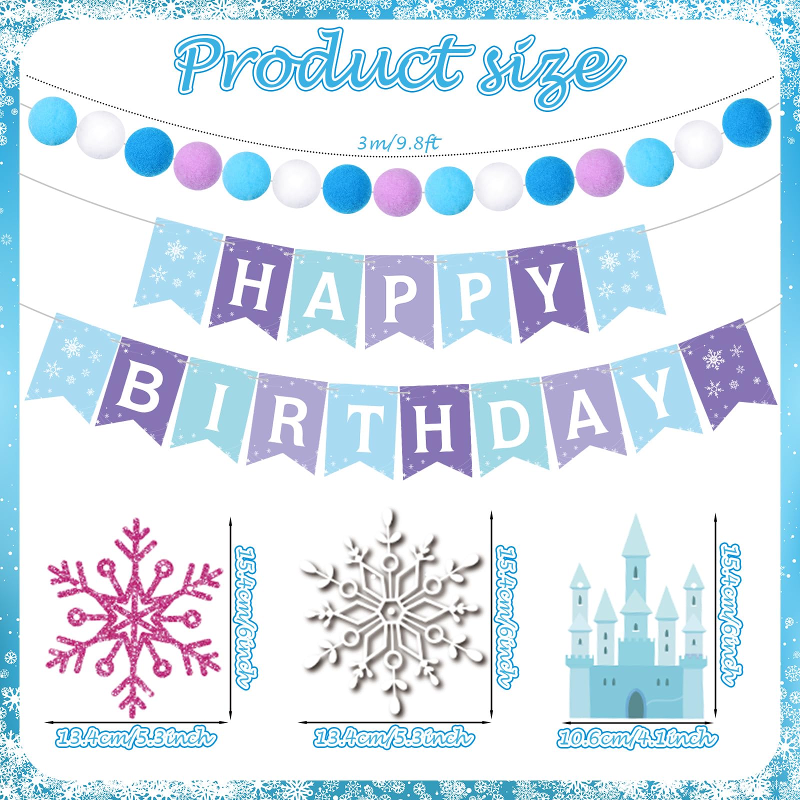 Fanfanwin 5-Piece Winter Snowflake Birthday Party Banner Set with Felt Garland – Blue and White