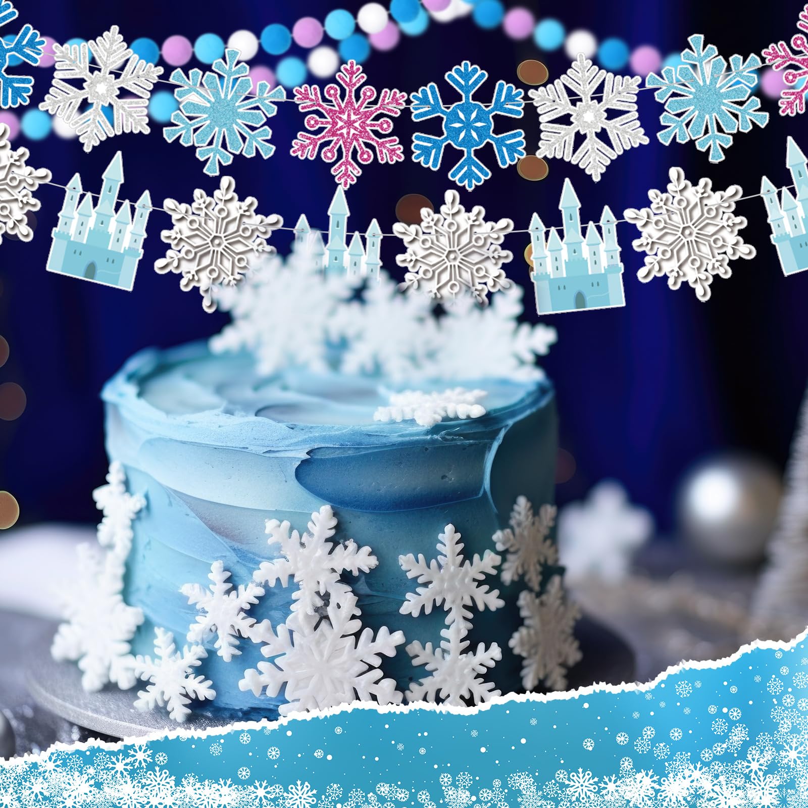 Fanfanwin 5-Piece Winter Snowflake Birthday Party Banner Set with Felt Garland – Blue and White