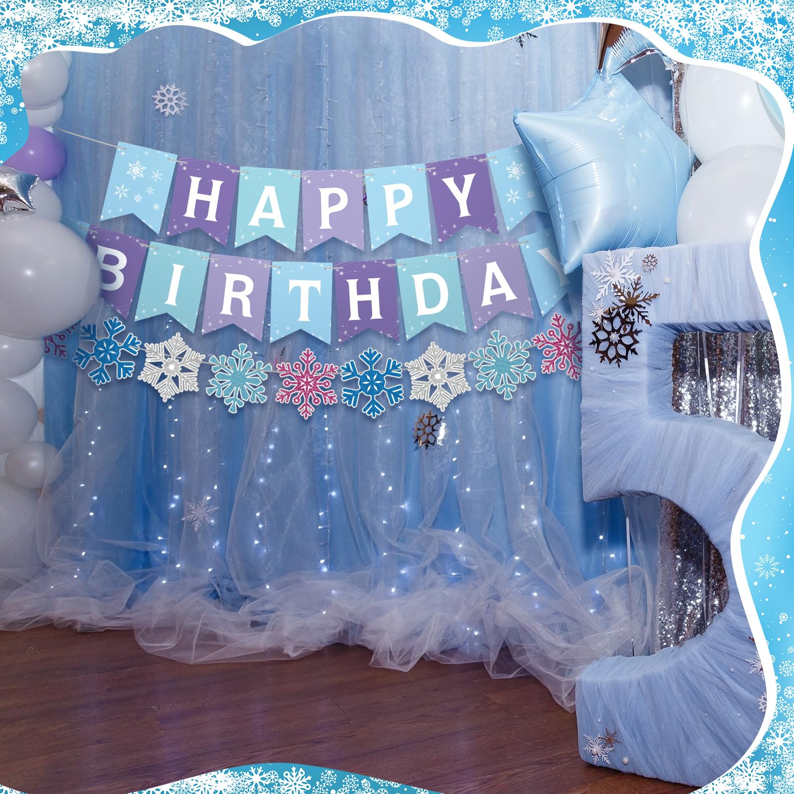 Fanfanwin 5-Piece Winter Snowflake Birthday Party Banner Set with Felt Garland – Blue and White