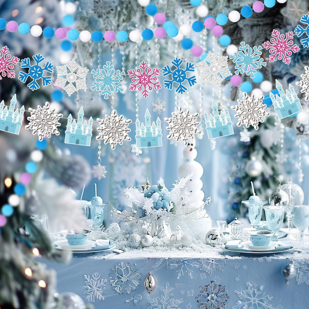 Fanfanwin 5-Piece Winter Snowflake Birthday Party Banner Set with Felt Garland – Blue and White