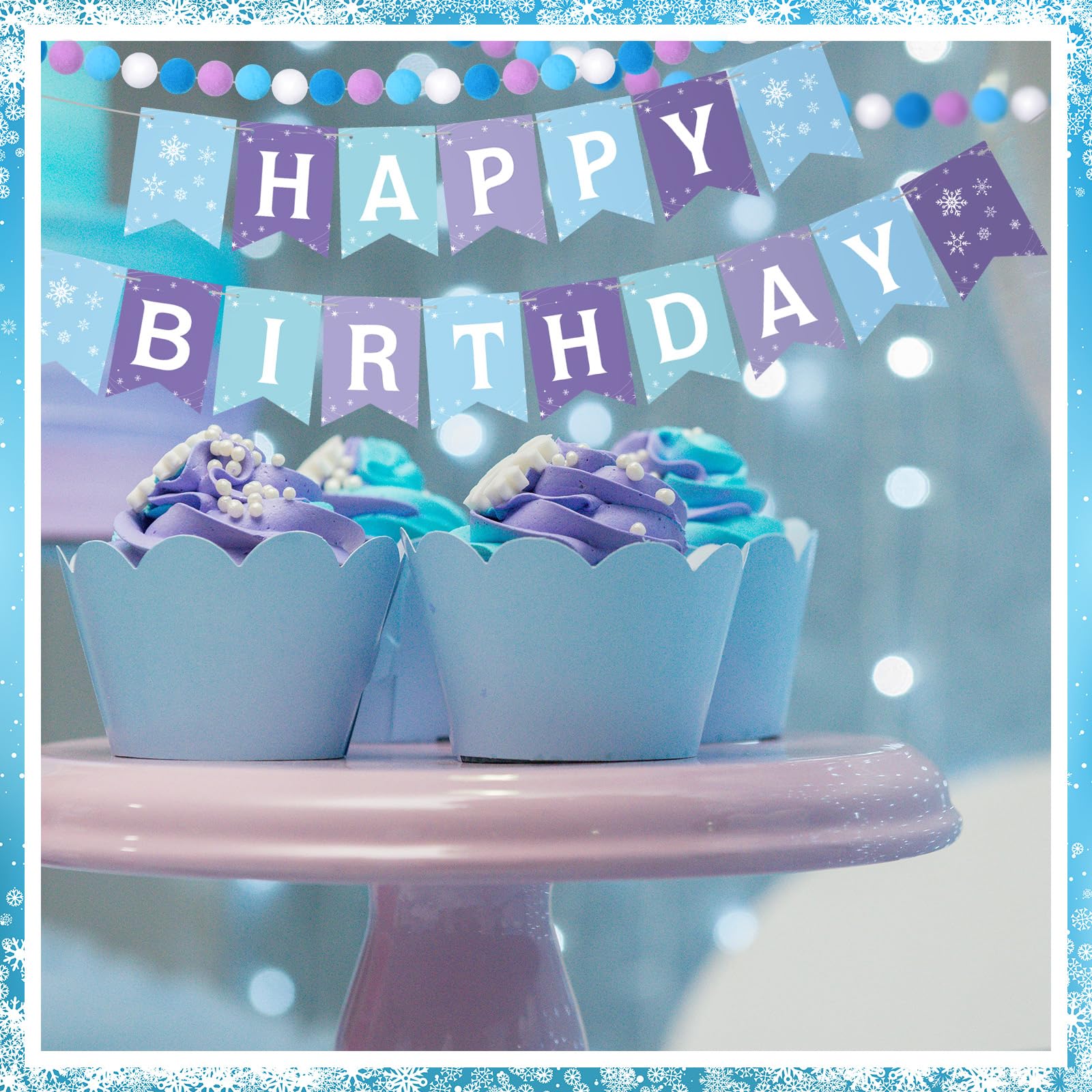 Fanfanwin 5-Piece Winter Snowflake Birthday Party Banner Set with Felt Garland – Blue and White