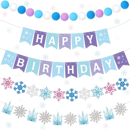 Fanfanwin 5-Piece Winter Snowflake Birthday Party Banner Set with Felt Garland – Blue and White