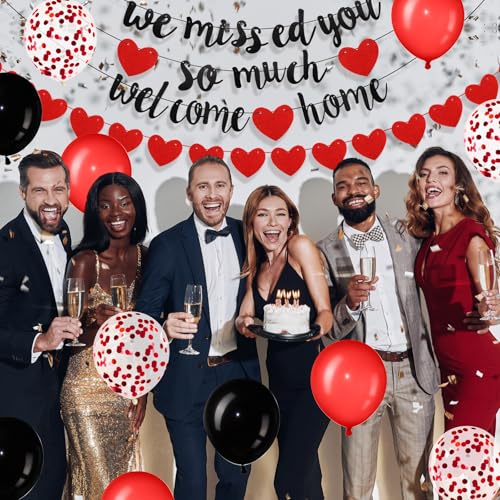Fanfanwin Red Welcome Home Decorations Set – Banners, Garland, Balloons & Ribbon for Military Homecoming Party