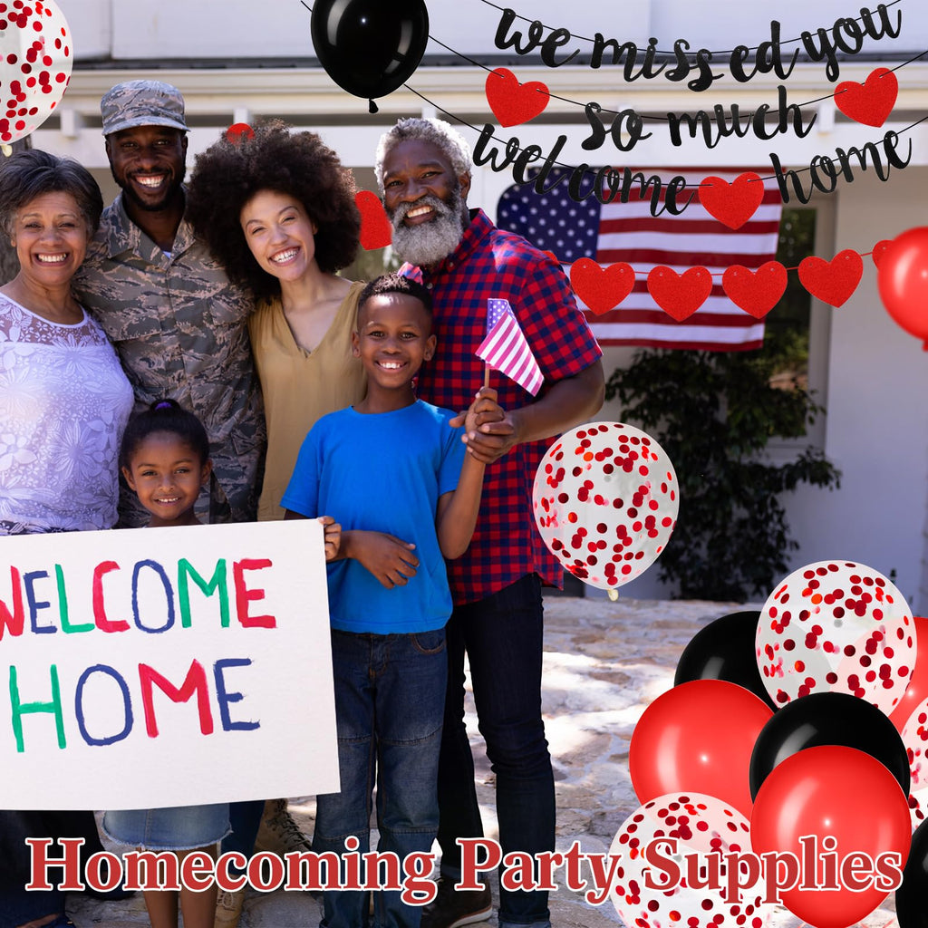 Fanfanwin Red Welcome Home Decorations Set – Banners, Garland, Balloons & Ribbon for Military Homecoming Party