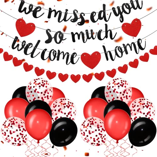 Fanfanwin Red Welcome Home Decorations Set – Banners, Garland, Balloons & Ribbon for Military Homecoming Party