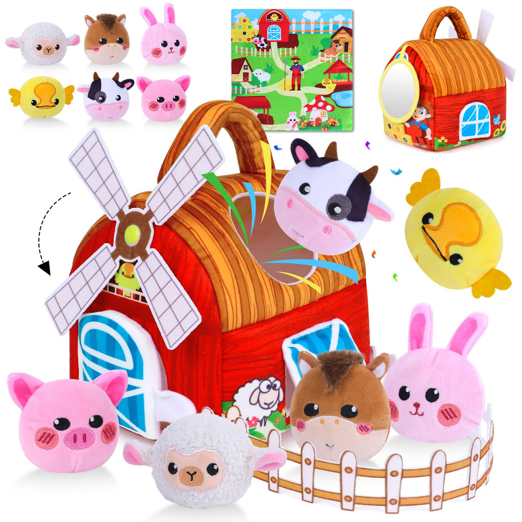 Farm Animal Sensory Toy Set for Babies 6-12 Months - Includes Windmill, Rattle, Crinkle, Mirror & More for Montessori Play