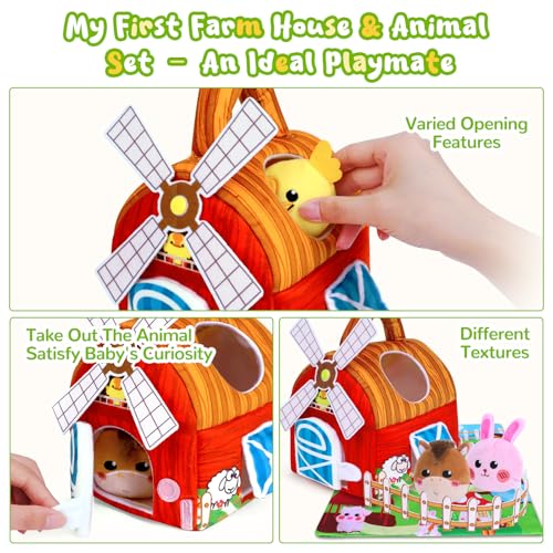 Farm Animal Sensory Toy Set for Babies 6-12 Months - Includes Windmill, Rattle, Crinkle, Mirror & More for Montessori Play