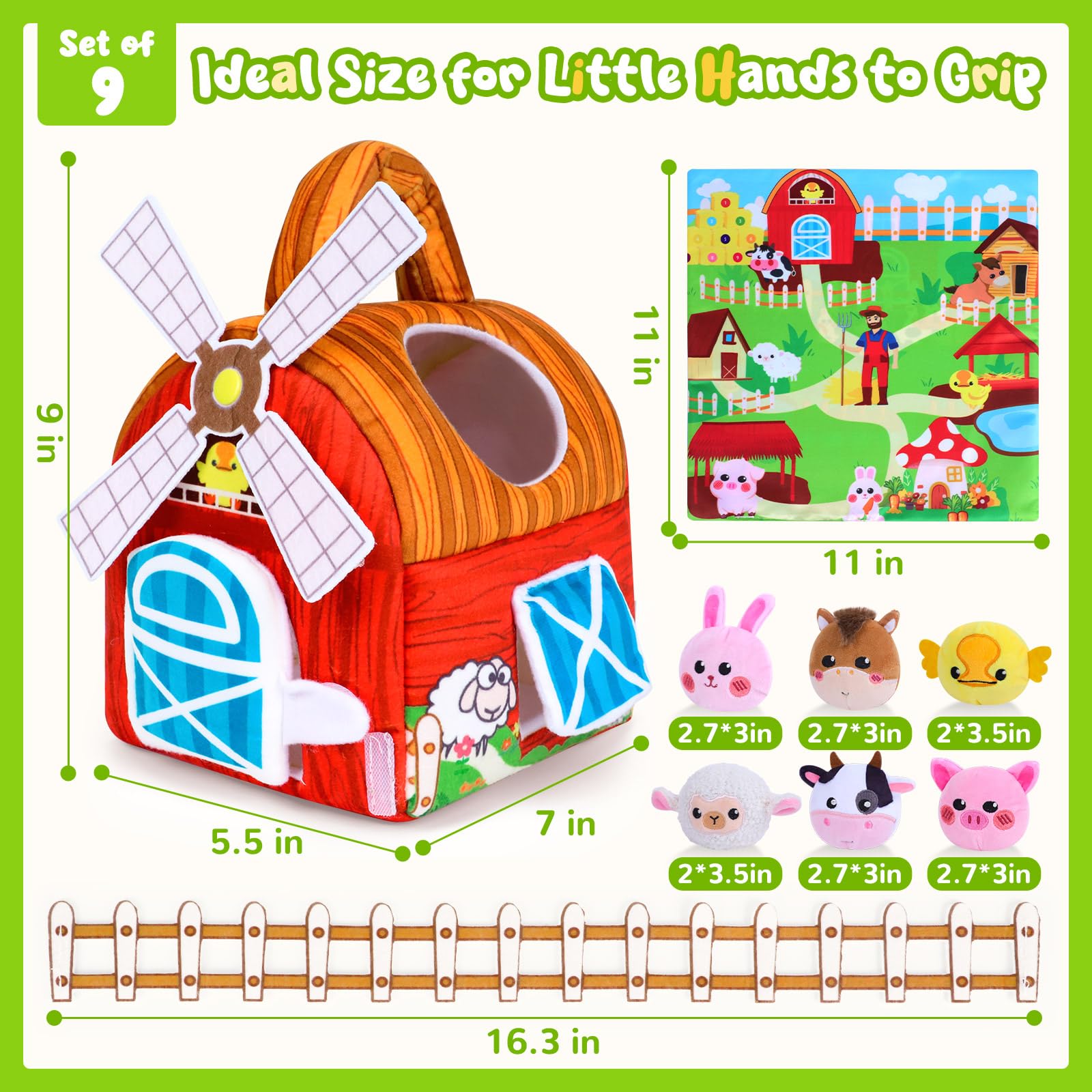 Farm Animal Sensory Toy Set for Babies 6-12 Months - Includes Windmill, Rattle, Crinkle, Mirror & More for Montessori Play
