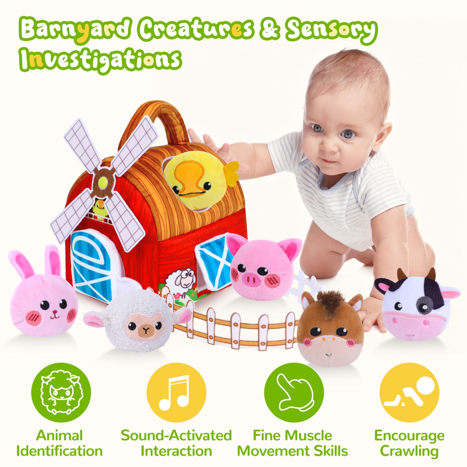 Farm Animal Sensory Toy Set for Babies 6-12 Months - Includes Windmill, Rattle, Crinkle, Mirror & More for Montessori Play