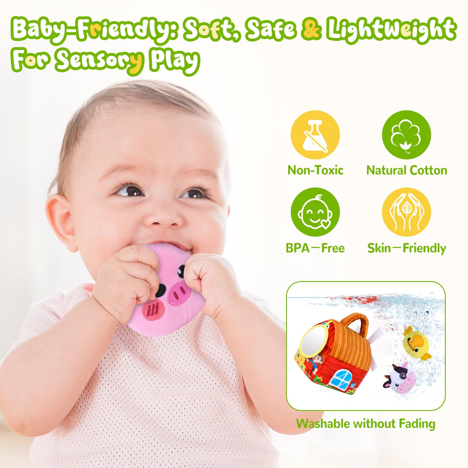 Farm Animal Sensory Toy Set for Babies 6-12 Months - Includes Windmill, Rattle, Crinkle, Mirror & More for Montessori Play