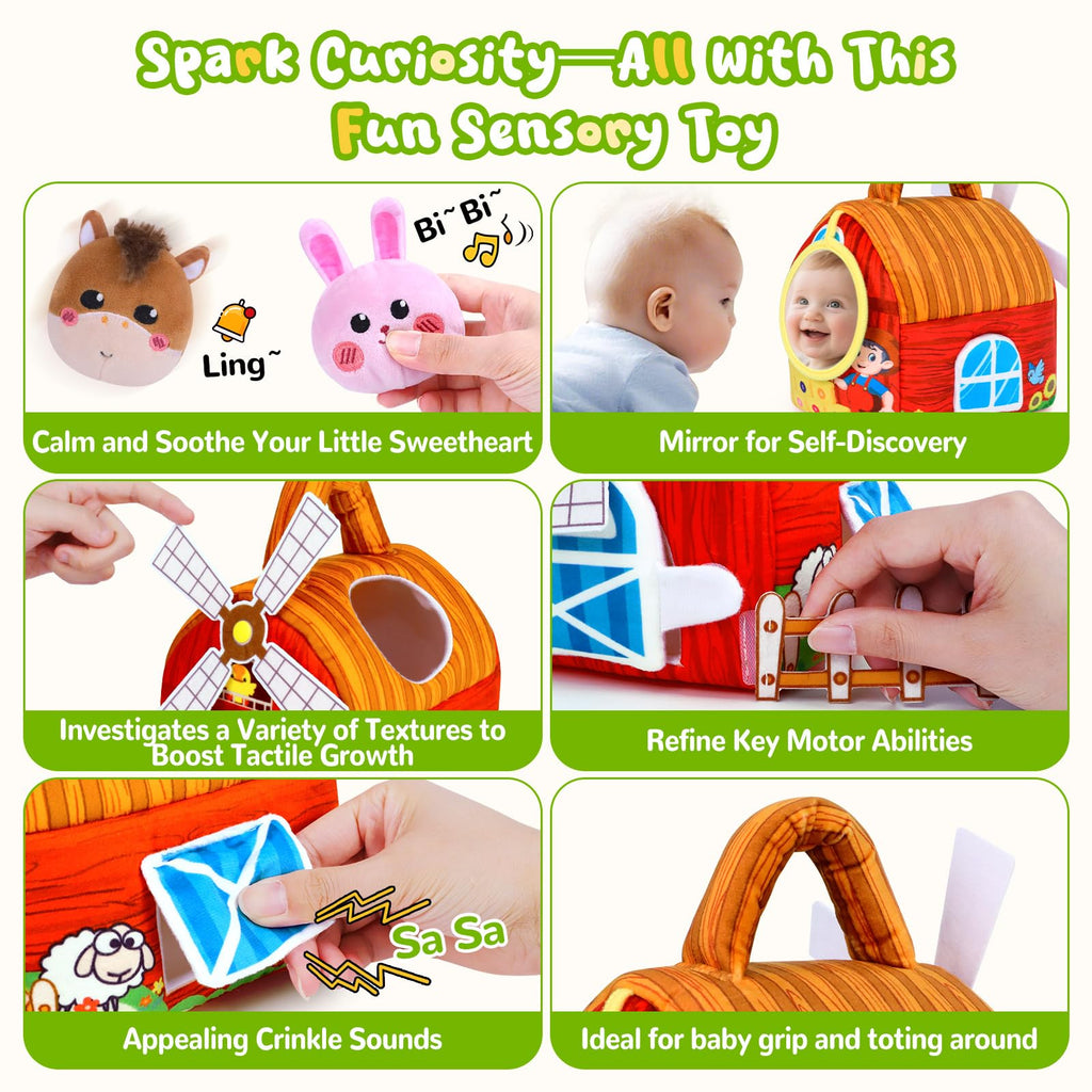 Farm Animal Sensory Toy Set for Babies 6-12 Months - Includes Windmill, Rattle, Crinkle, Mirror & More for Montessori Play