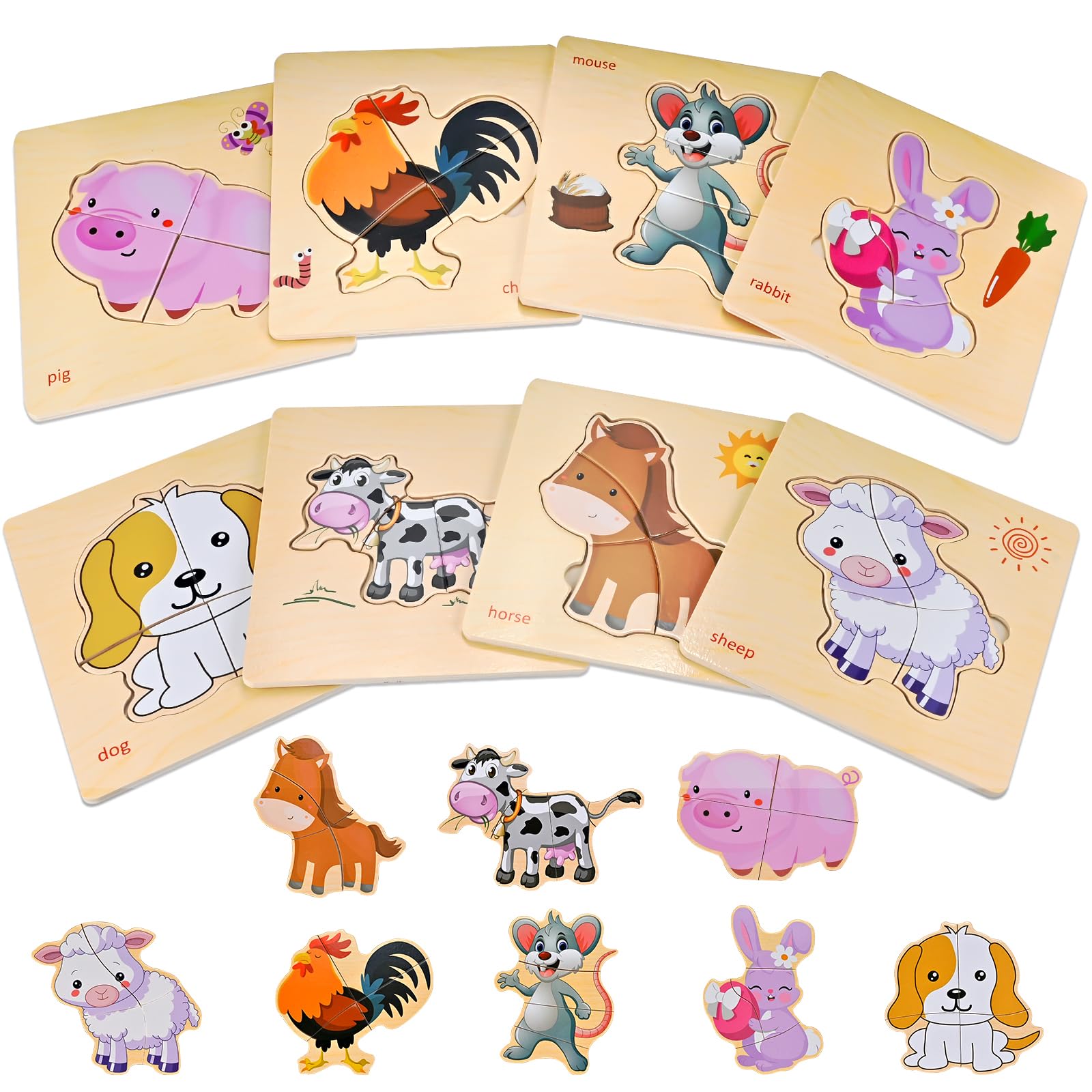Farm Animal Wooden Puzzles for Toddlers 1-4 - 8-Piece Montessori Jigsaw Set by Faburo