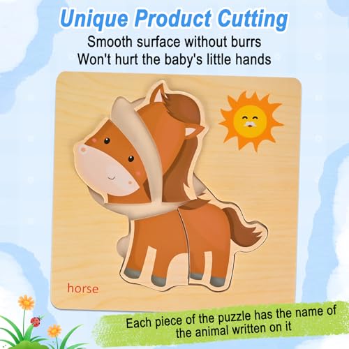 Farm Animal Wooden Puzzles for Toddlers 1-4 - 8-Piece Montessori Jigsaw Set by Faburo